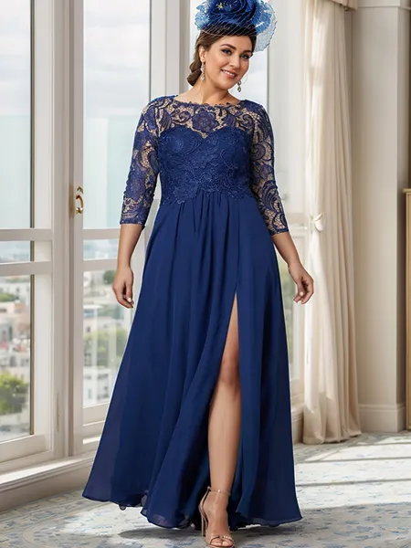 A-line Bateau 3/4 Sleeves Appliques Lace Floor-Length Chiffon Mother of the Bride Dress