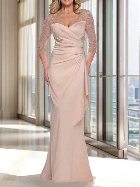 Sheath V-neck 3/4 Sleeves Pleated Floor-Length Charmeuse Mother of the Bride Dress