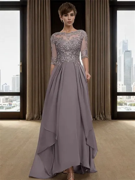 A-line Bateau 1/2 Sleeves Appliques Lace Asymmetrica Chiffon Mother of the Bride Dress