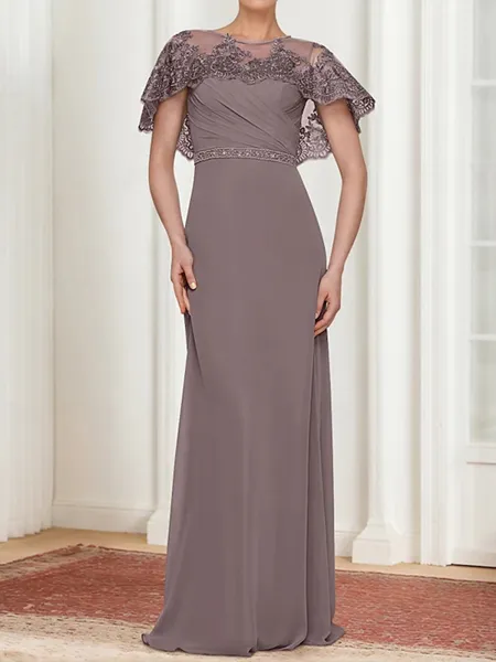 Sheath Bateau Short Sleeves Appliques Lace Floor-Length Chiffon Mother of the Bride Dress