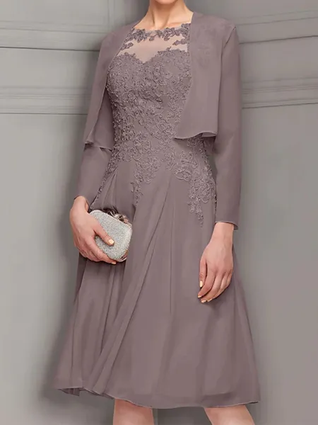 A-line Bateau Appliques Lace Knee-Length Chiffon Mother of the Bride Dress