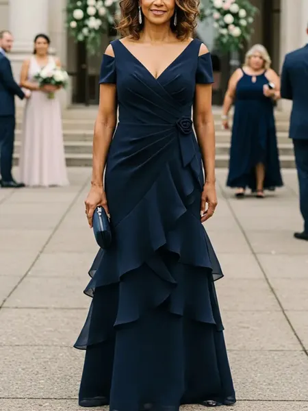 Sheath Cold Shoulder Cascading Ruffles Floor-Length Chiffon Mother of the Bride Dress