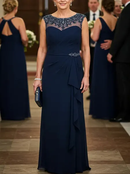 Sheath Scoop Beading Floor-Length Chiffon Mother of the Bride Dress