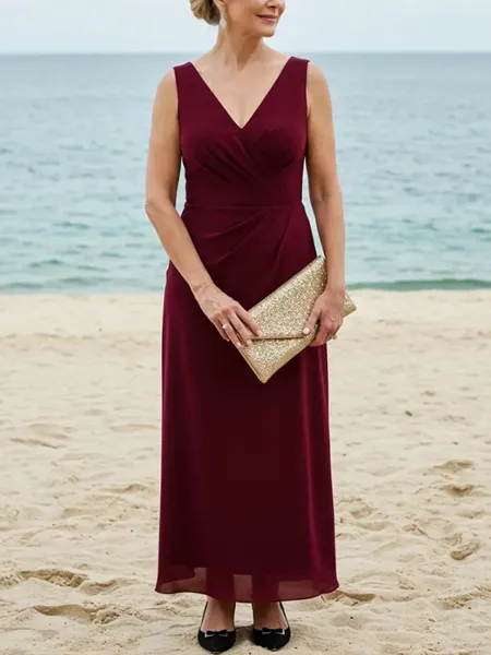 Sheath V-neck Pleated Ankle-Length Chiffon Mother of the Bride Dress