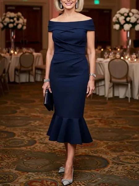 Sheath Off-the-Shoulder Pleated Tea-Length Stretch Crepe Mother of the Bride Dress
