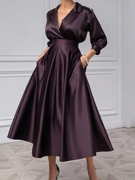 A-line V-neck 3/4 Sleeves Beading Tea-Length Silk Like Satin Mother of the Bride Dress