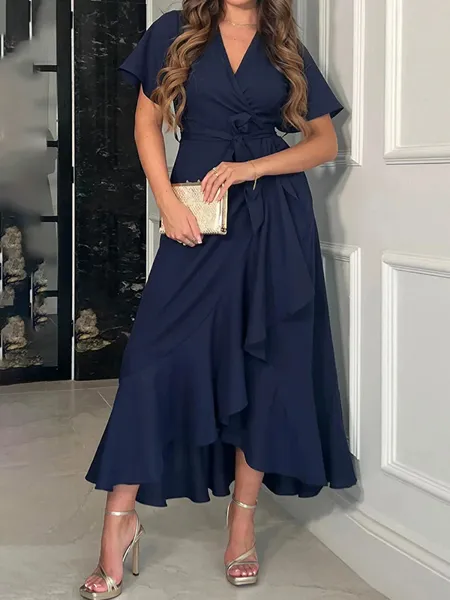 A-line V-neck Short Sleeves Ruffles Asymmetrical Stretch Crepe Mother of the Bride Dress