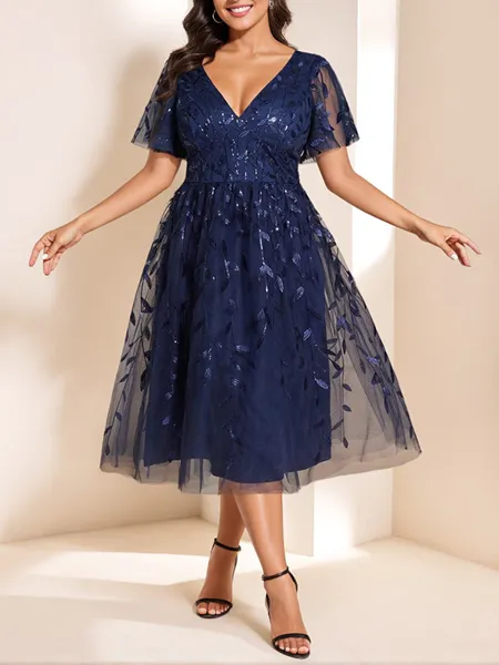 A-line V-neck Short Sleeves Tea-Length Lace Mother of the Bride Dress