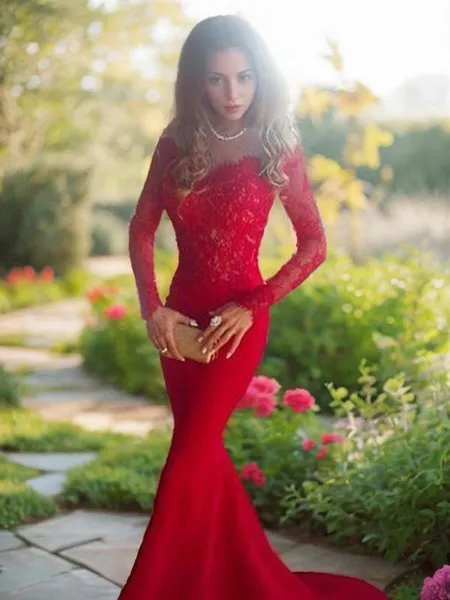 Trumpet/Mermaid Off-the-Shoulder Sweep Train Silk Like Satin Prom Dress With Appliques Lace