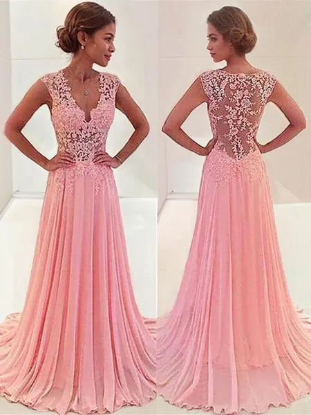 A-Line/Princess V-neck Sweep Train Chiffon Prom Dress With Appliques Lace