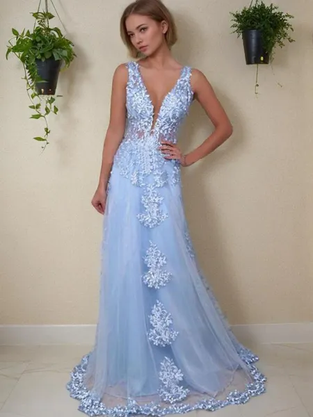 A-Line/Princess V-neck Floor-Length Tulle Prom Dress With Appliques Lace
