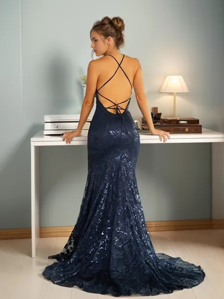 Mermaid V-neck Sequin Sweep...