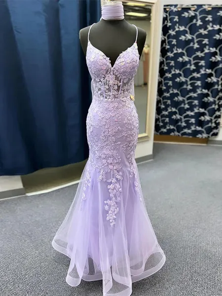 Mermaid V-neck Appliques Lace Floor-Length Tulle Corset Porm Dress