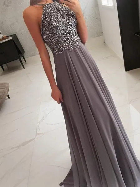 A-Line/Princess Halter Floor-Length Chiffon Prom Dress With Beading