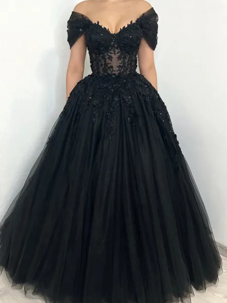 A-line Off-the-Shoulder Appliques Lace Floor-Length Tulle Corset Porm Dress