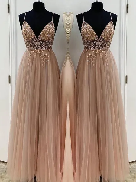 A-Line/Princess V-neck Floor-Length Tulle Prom Dress With Beading