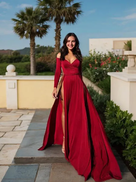 A-Line/Princess Off-the-Shoulder Sweep Train Jersey Prom Dress With Leg Slit