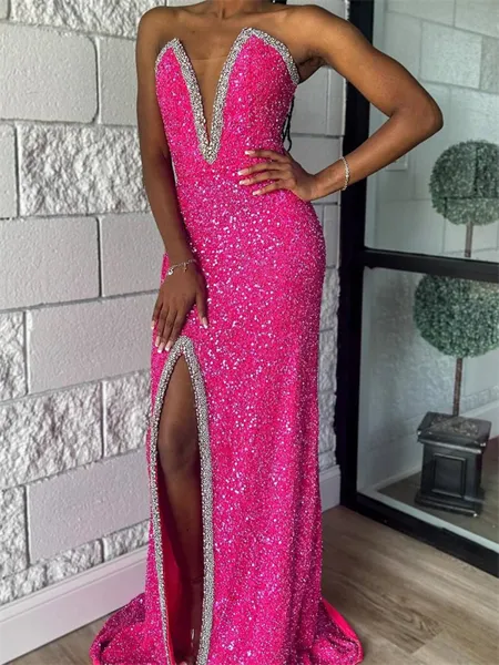 Sheath V-neck Beading Sweep Train Velvet Sequins Dress