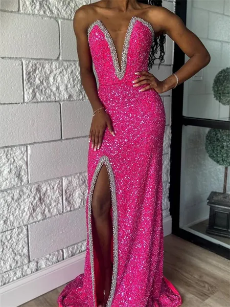 Sheath V-neck Beading Sweep...