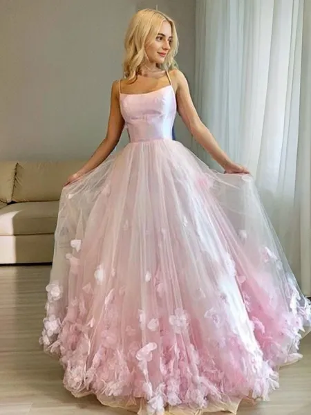 A-Line/Princess Bateau Floor-Length Tulle Prom Dress With Flower