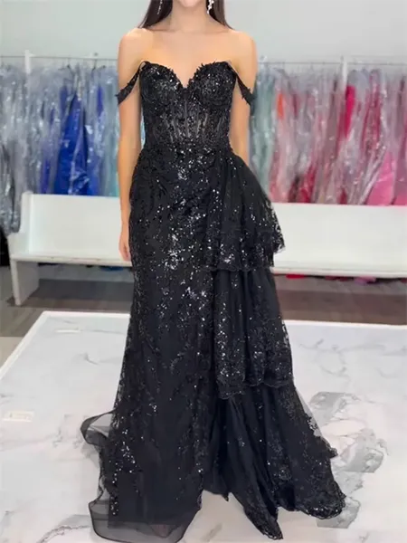 Sheath Off-the-Shoulder Appliques Lace Floor-Length Tulle Corset Dress