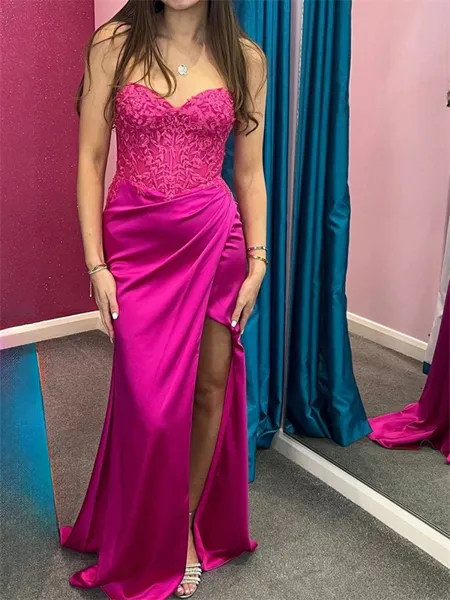 Sheath Sweetheart Appliques Lace Sweep Train Silk Like Satin Corset Dress