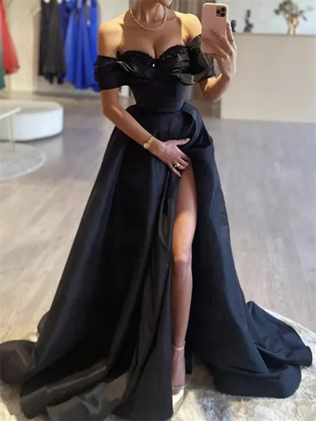 A-line Off-the-Shoulder Ruffles Sweep Train Satin Dress