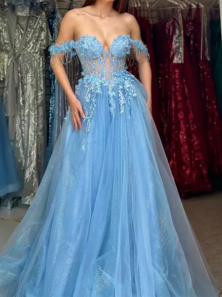 A-line Off-the-Shoulder Appliques Lace Floor-Length Tulle Corset Dress