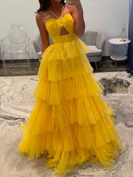 A-line Halter Cascading Ruffles Floor-Length Tulle Dress