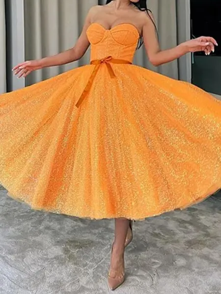 A-line Sweetheart Sequin Tea-Length Corset Dress