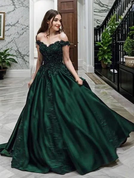 Ball Gown Off-the-Shoulder Floor-Length Satin Prom Dress With Appliques Lace