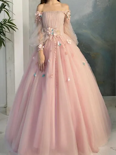 Ball Gown Off-the-Shoulder Floor-Length Tulle Prom Dress With Flower