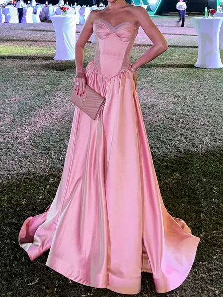 A-line Sweetheart Pleated Sweep Train Satin Corset Porm Dress