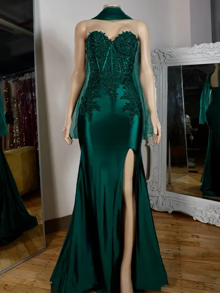 Sheath Sweetheart Appliques Lace Sweep Train Silk Like Satin Corset Dress