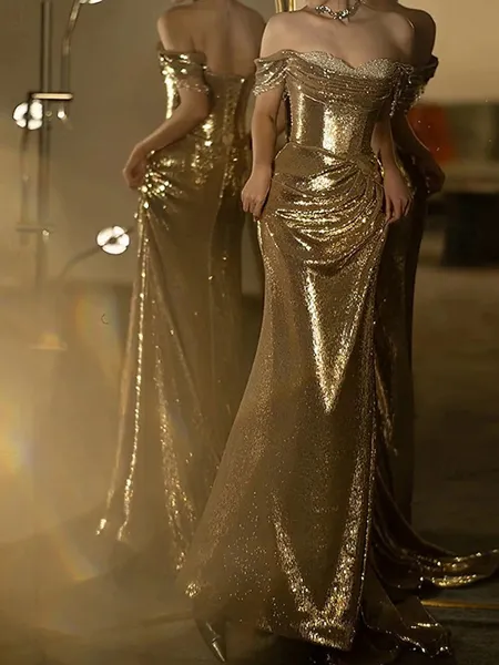 Sheath Off-the-Shoulder Pleated Court Train Sequins Dress