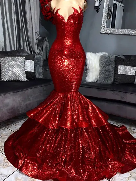 Mermaid Scoop Cascading Ruffles Sweep Train Sequins Dress