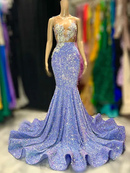 Mermaid Scoop Beading Sweep Train Velvet Sequins Porm Dress