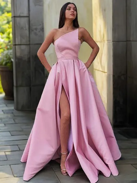 A-Line/Princess Strapless Floor-Length Satin Prom Dress With Leg Slit
