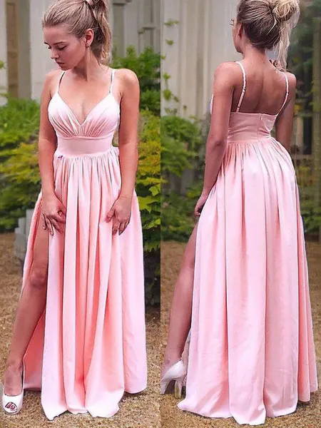 A-Line/Princess Straps Floor-Length Stretch Crepe Prom Dress With Leg Slit