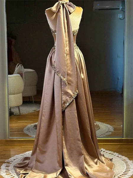 A-line Halter Sequin Sweep...