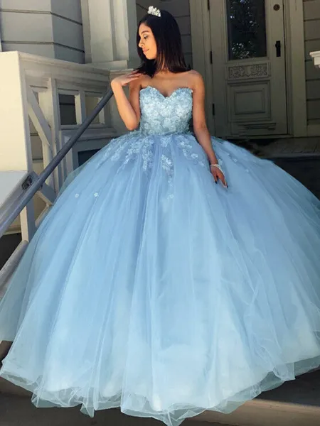 Ball Gown Sweetheart Sweep Train Tulle Prom Dress With Appliques Lace