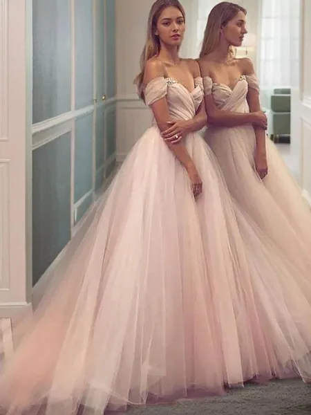 A-Line/Princess Off-the-Shoulder Sweep Train Tulle Prom Dress With Ruffles