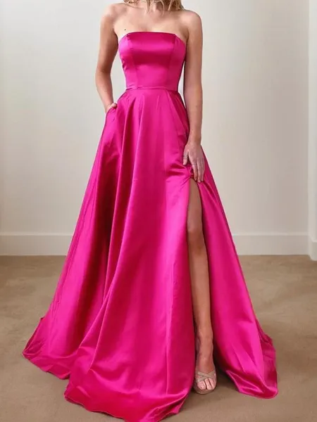 A-Line/Princess Strapless Sweep Train Satin Prom Dress With Leg Slit
