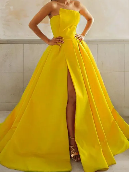 A-Line/Princess Strapless Sweep Train Satin Prom Dress With Leg Slit