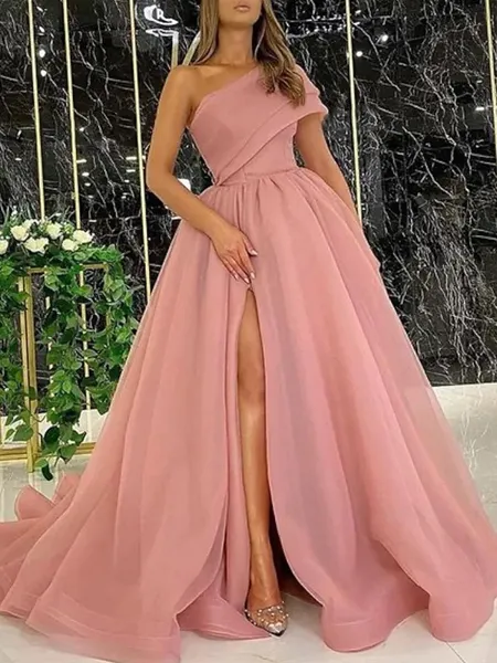 Ball Gown One-Shoulder Sweep Train Organza Prom Dress With Leg Slit