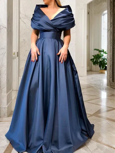A-Line/Princess V-neck Sweep Train Satin Prom Dress With Ruffles