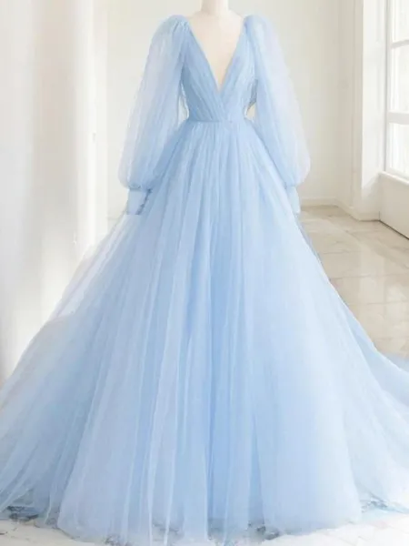 A-Line/Princess V-neck Sweep Train Tulle Prom Dress With Ruffles