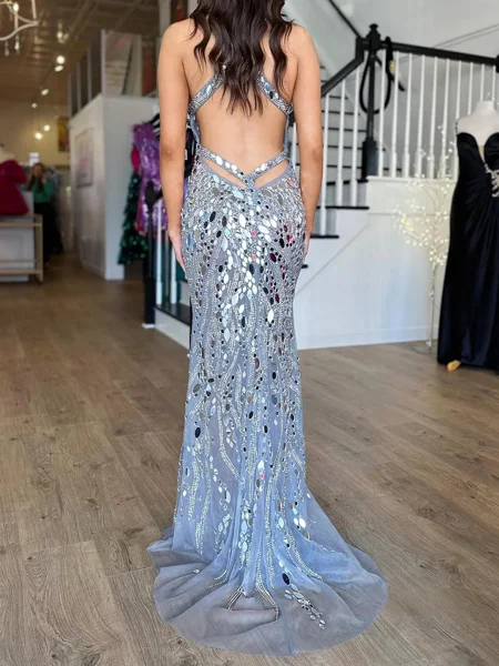 Sheath V-neck Sequin Sweep...