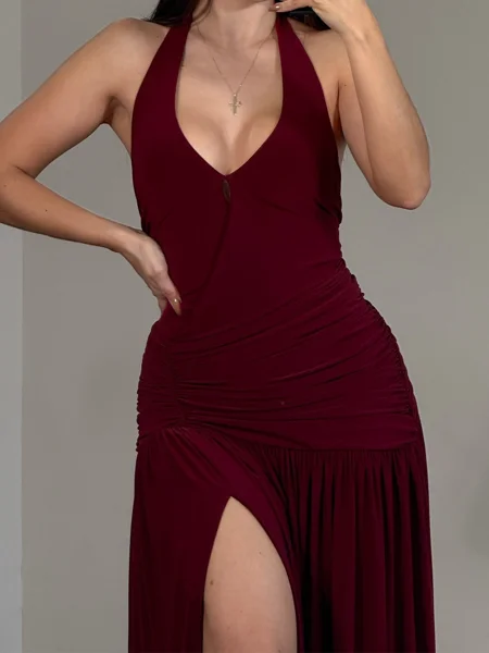 A-line Halter Pleated Sweep...