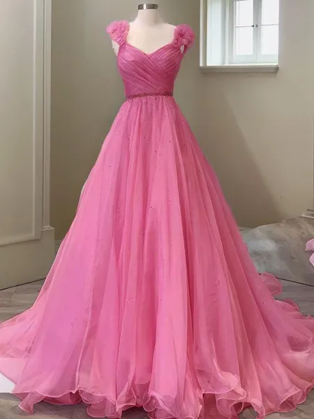 A-Line/Princess V-neck Sweep Train Organza Prom Dress With Ruffles